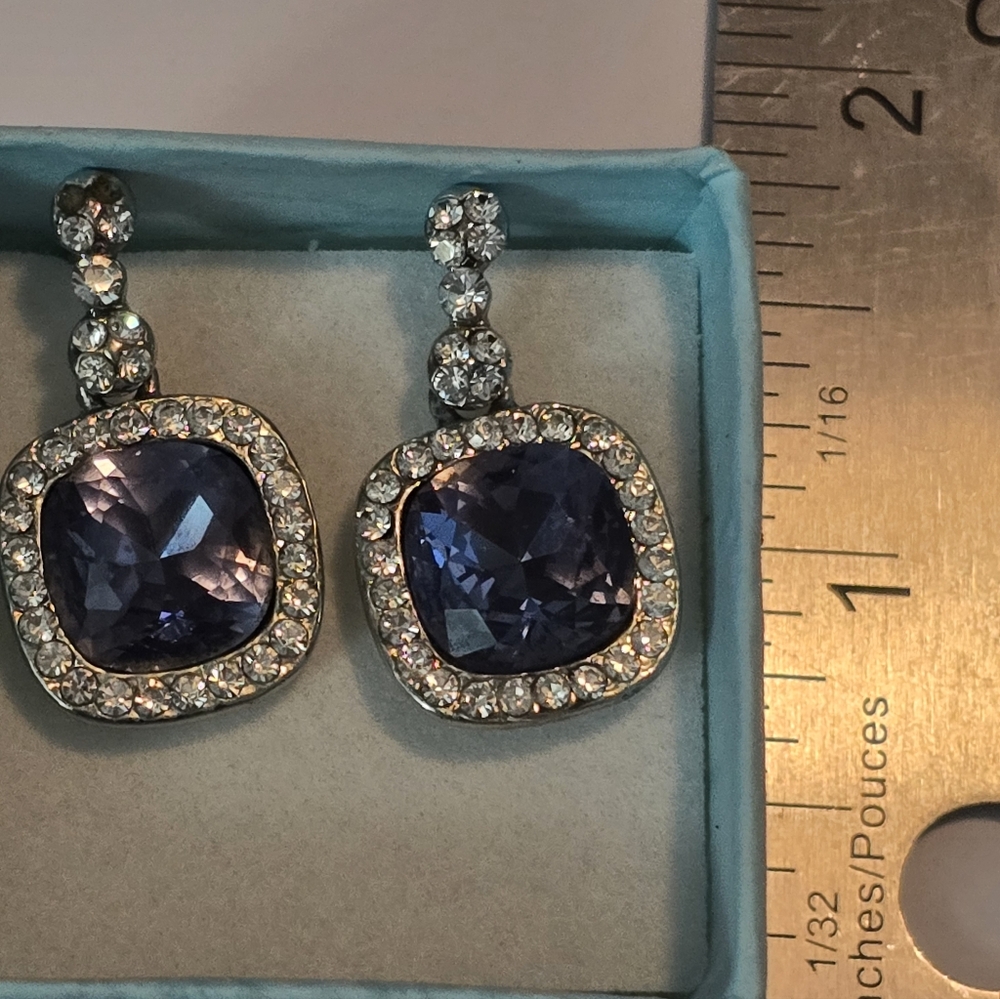 Vintage Silver Tone Blue Square Jewl Drop Statement Earrings